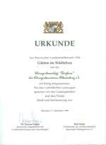 Auszeichnung aus dem Jahr1998. Bayerischer Landeswettbewert Gärten im Städtebau